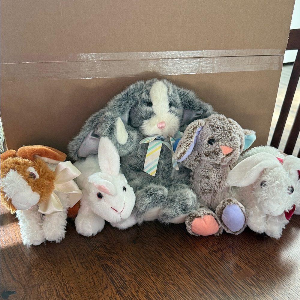 5 stuffed animal bunnies